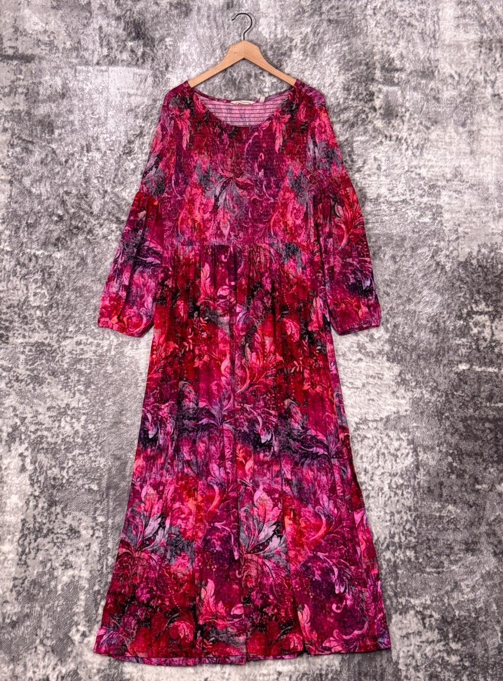 Soft Surroundings Dress Large Womens Pink Floral Smocked Long Sleeve Kaftan Maxi